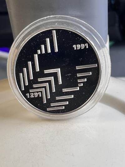 第169期拍卖【长期征集拍品】 - 瑞士1991年 联邦议会机制成立 纪念银币，有瑕疵，835银，20克
