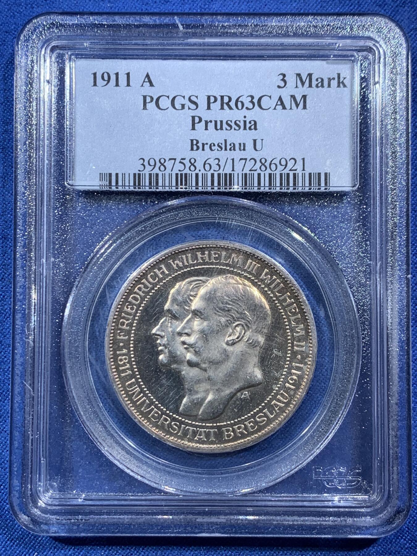 《竞宝斋》第407场 周日，周一，2场连拍 （全场包邮） PCGS PR63CAM 德国1911年A版德国普鲁士布雷斯劳大学精制3马克银币 凌霜镜面十足 老盒