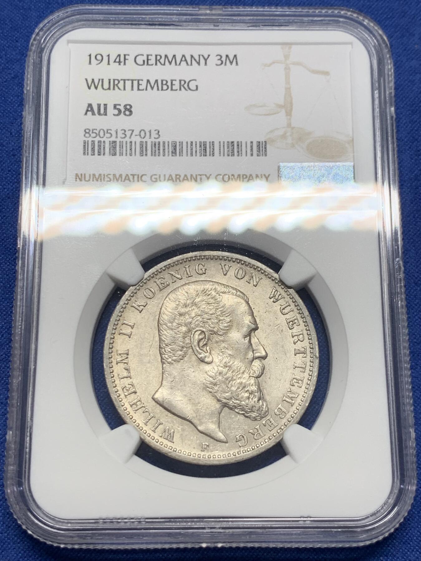 《竞宝斋》第407场 周日，周一，2场连拍 （全场包邮） NGC AU58 德国1914年符腾堡3马克 细节尚可