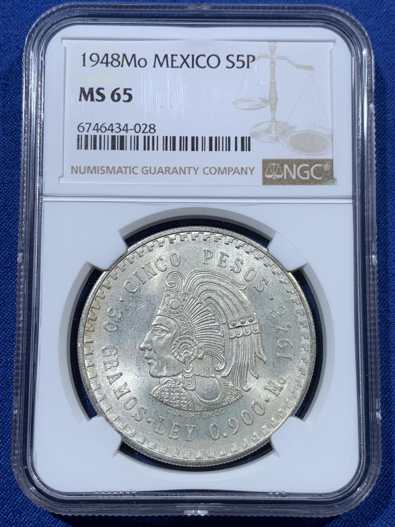 《竞宝斋》第407场 周日，周一，2场连拍 （全场包邮） NGC MS65 墨西哥1948年玛雅酋长5比索大银币 卷拆原光