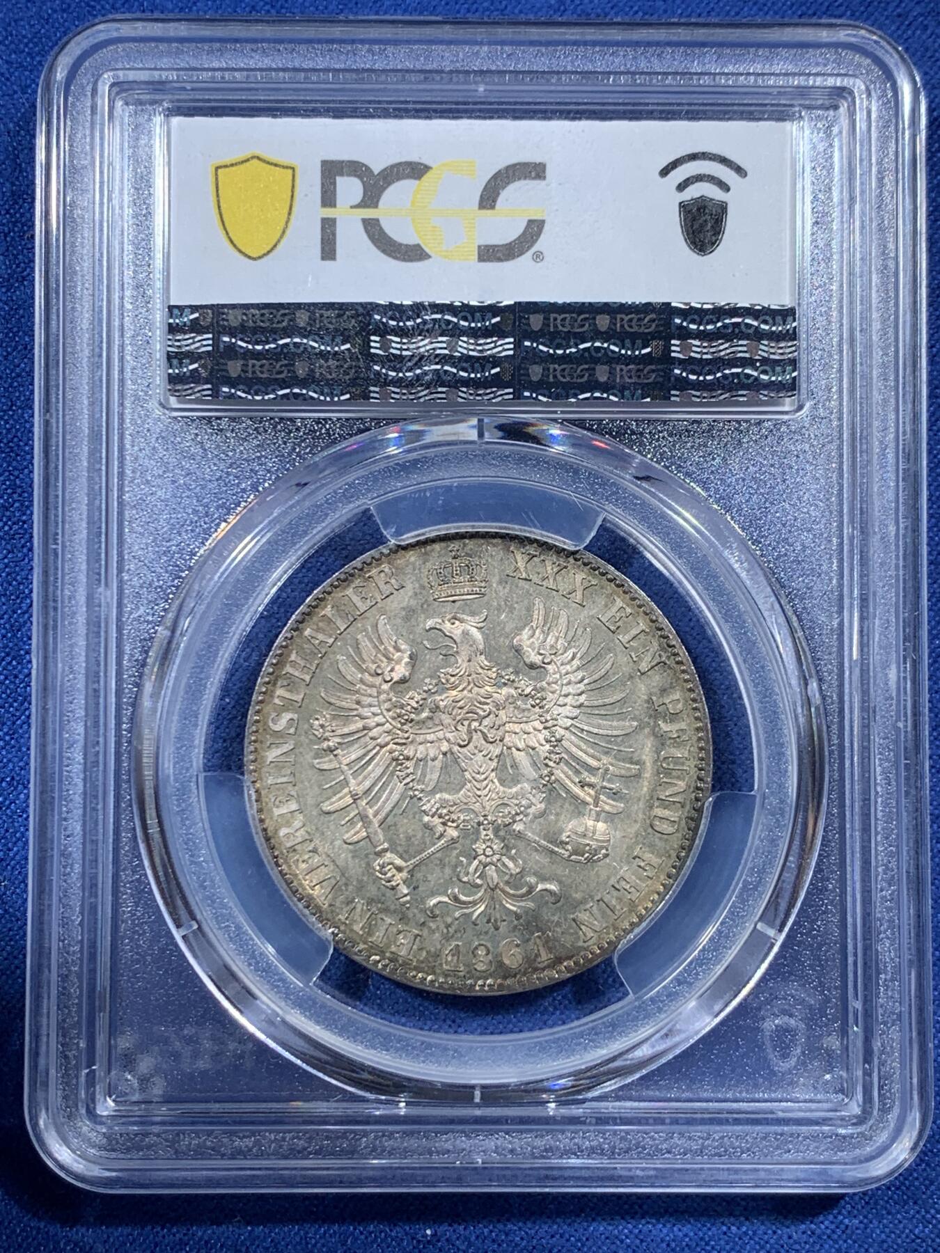 《竞宝斋》第407场 周日，周一，2场连拍 （全场包邮） PCGS MS63 德国 1861年 威廉四世 末年离冠鹰1泰勒 镜面金彩包浆裹身 小特年