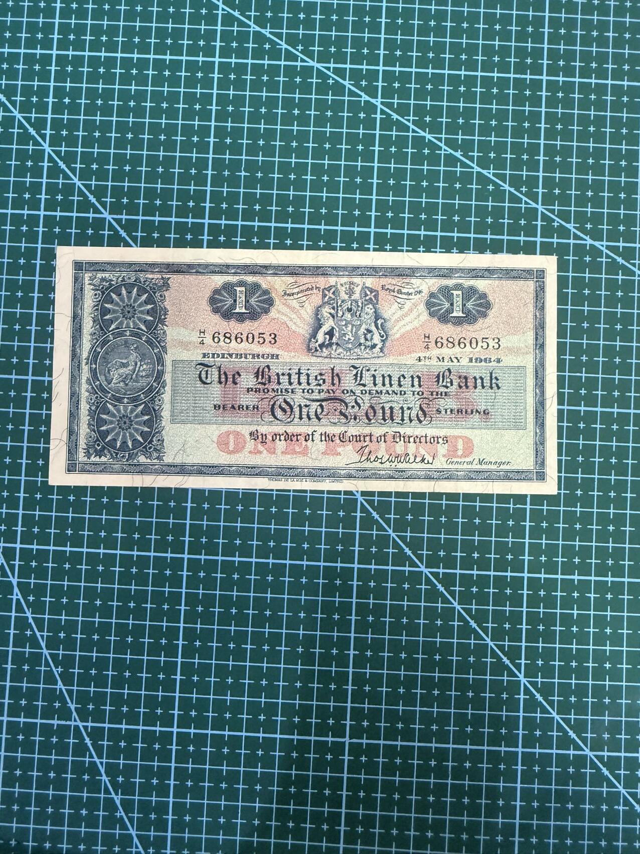 【炜奕收藏】，第四十期 1964年苏格兰亚麻银行1镑，流通好品，号码无47