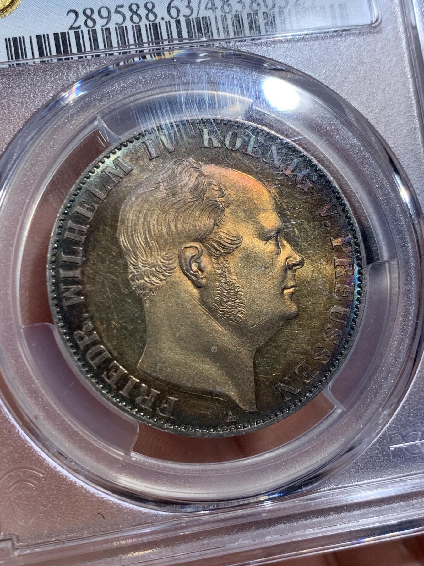 《竞宝斋》第407场 周日，周一，2场连拍 （全场包邮） PCGS MS63 德国 1861年 威廉四世 末年离冠鹰1泰勒 镜面金彩包浆裹身 小特年