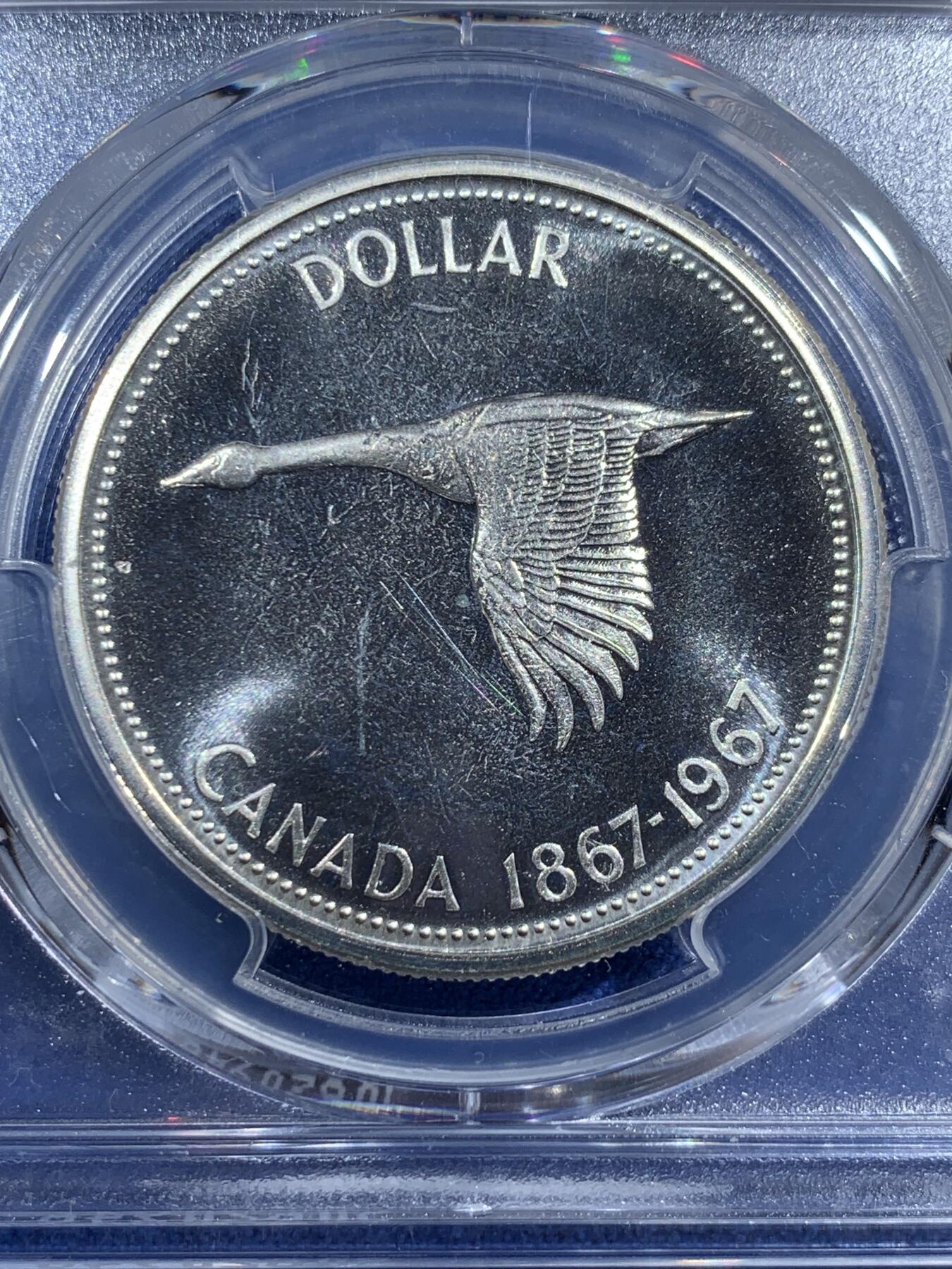《竞宝斋》第407场 周日，周一，2场连拍 （全场包邮） PCGS PL66 加拿大1967年大雁1元 银币，币面干净漂亮 热门品种！