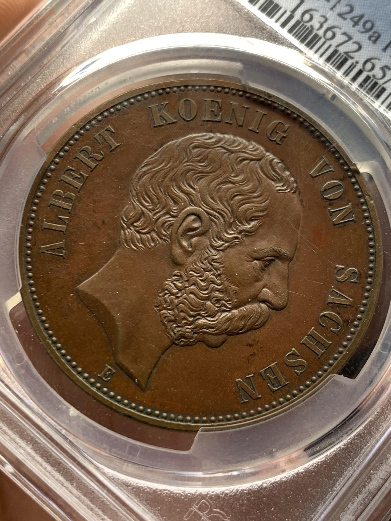 《竞宝斋》第407场 周日，周一，2场连拍 （全场包邮） 亚军分 PCGS SP65BN 德国萨克森1889年 韦廷王朝800周年5马克铜样币 高等级状态 巧克力包浆 值得入手
