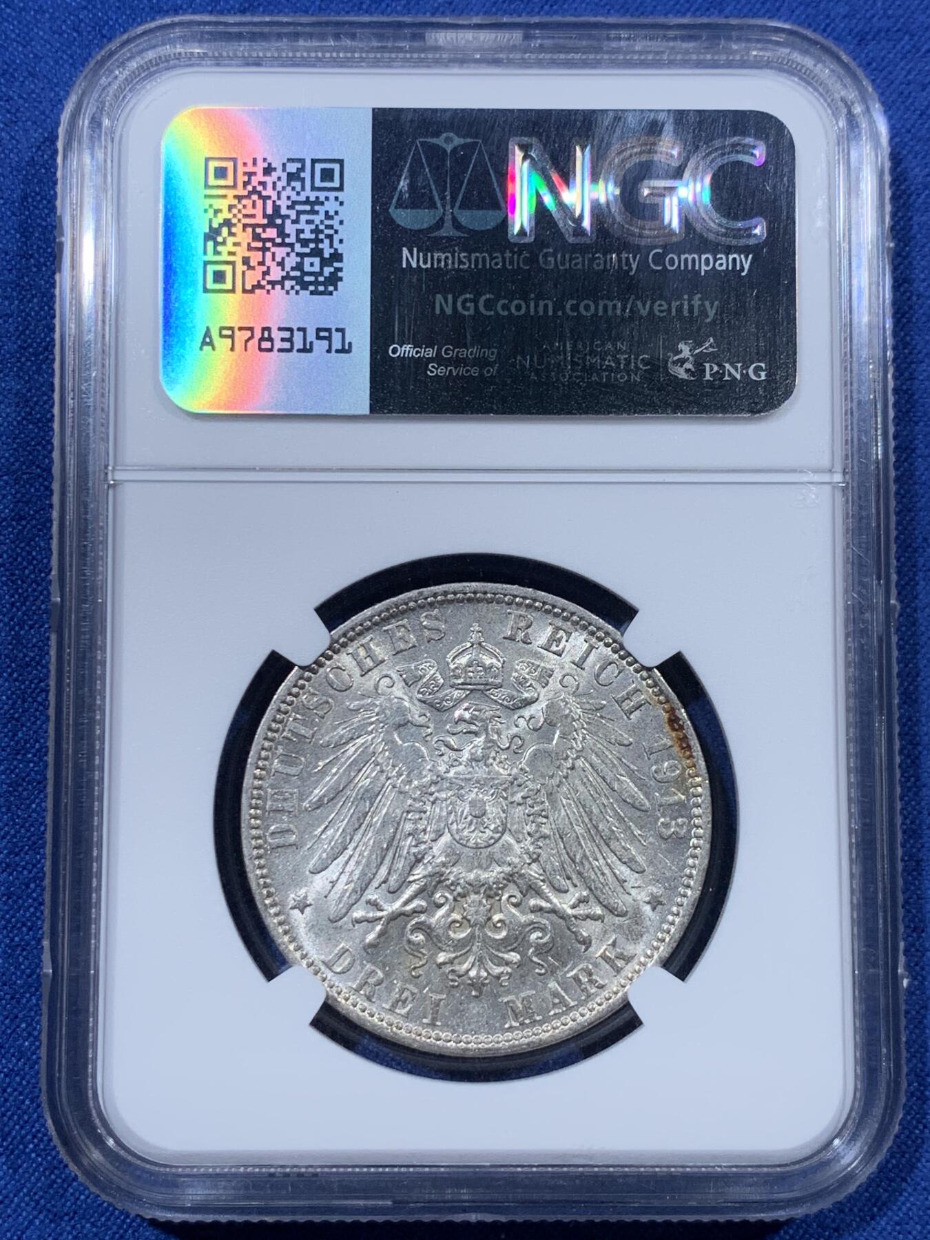 《竞宝斋》第407场 周日，周一，2场连拍 （全场包邮） NGC MS61 德国1913年汉堡自由市3马克银币 状态佳