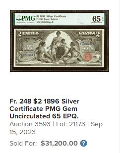 【Blue Auction】✨世界纸币精拍700期盛典——白金之夜🔥🔥🔥 U美国 1896年2美元教育券 PMG65EPQ 高分 大票副 票面白净油墨凹凸感极佳 新古典主义艺术风格 极具艺术价值（画面中女神手持电灯与蒸汽机模型，向青少年传授知识，象征技术进步，背景为齿轮、书籍等元素，呼应19世纪末美国工业革命浪潮；背面人物为第一艘蒸汽机作动力的轮船制造者罗伯特·富尔顿&摩尔斯电码发明者塞缪尔·莫尔斯 大胡子雕刻极致非常耐看）凑套必备