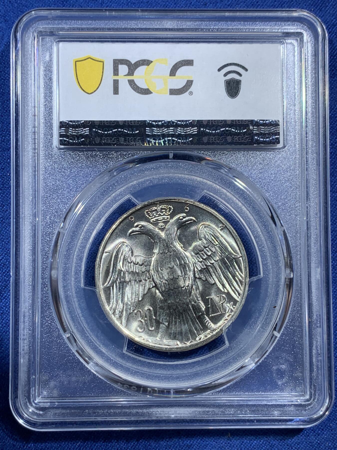 《竞宝斋》第407场 周日，周一，2场连拍 （全场包邮） PCGS MS65 希腊1964年康斯坦丁二世婚礼纪念30德拉克马银币
