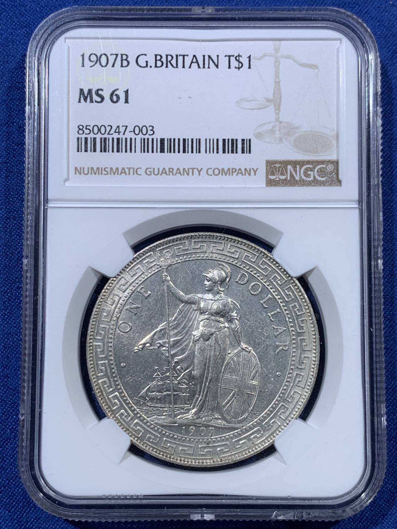 《竞宝斋》第407场 周日，周一，2场连拍 （全场包邮） NGC MS61 英国 1907B 站洋 1圆银币 下沿有裂 细节见图