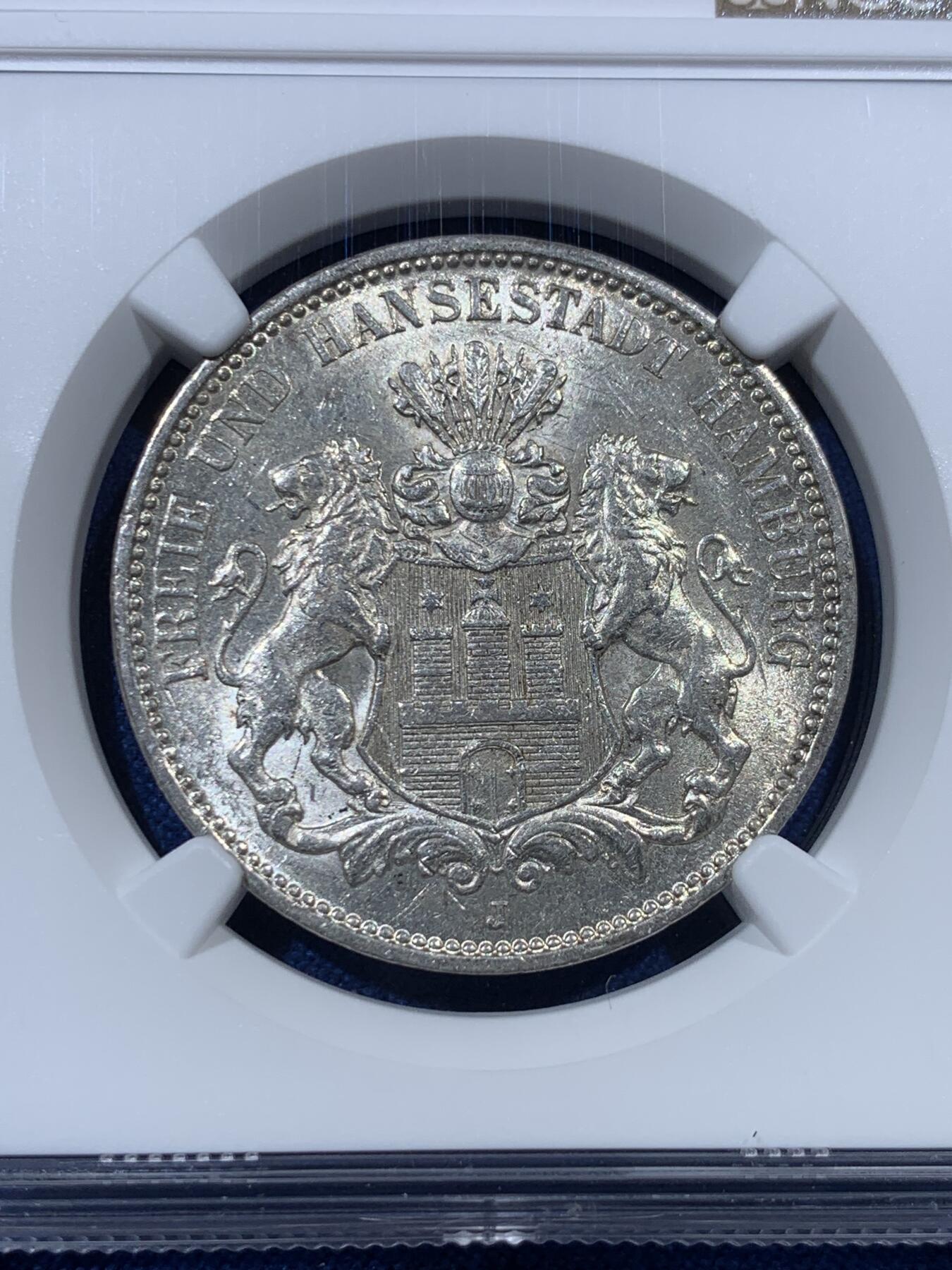 《竞宝斋》第407场 周日，周一，2场连拍 （全场包邮） NGC MS61 德国1913年汉堡自由市3马克银币 状态佳