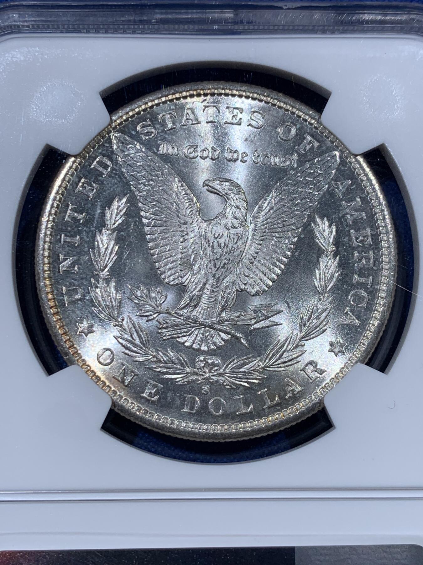 《竞宝斋》第407场 周日，周一，2场连拍 （全场包邮） NGC MS65 美国 1881S 摩根 1美元 银币 转光极美