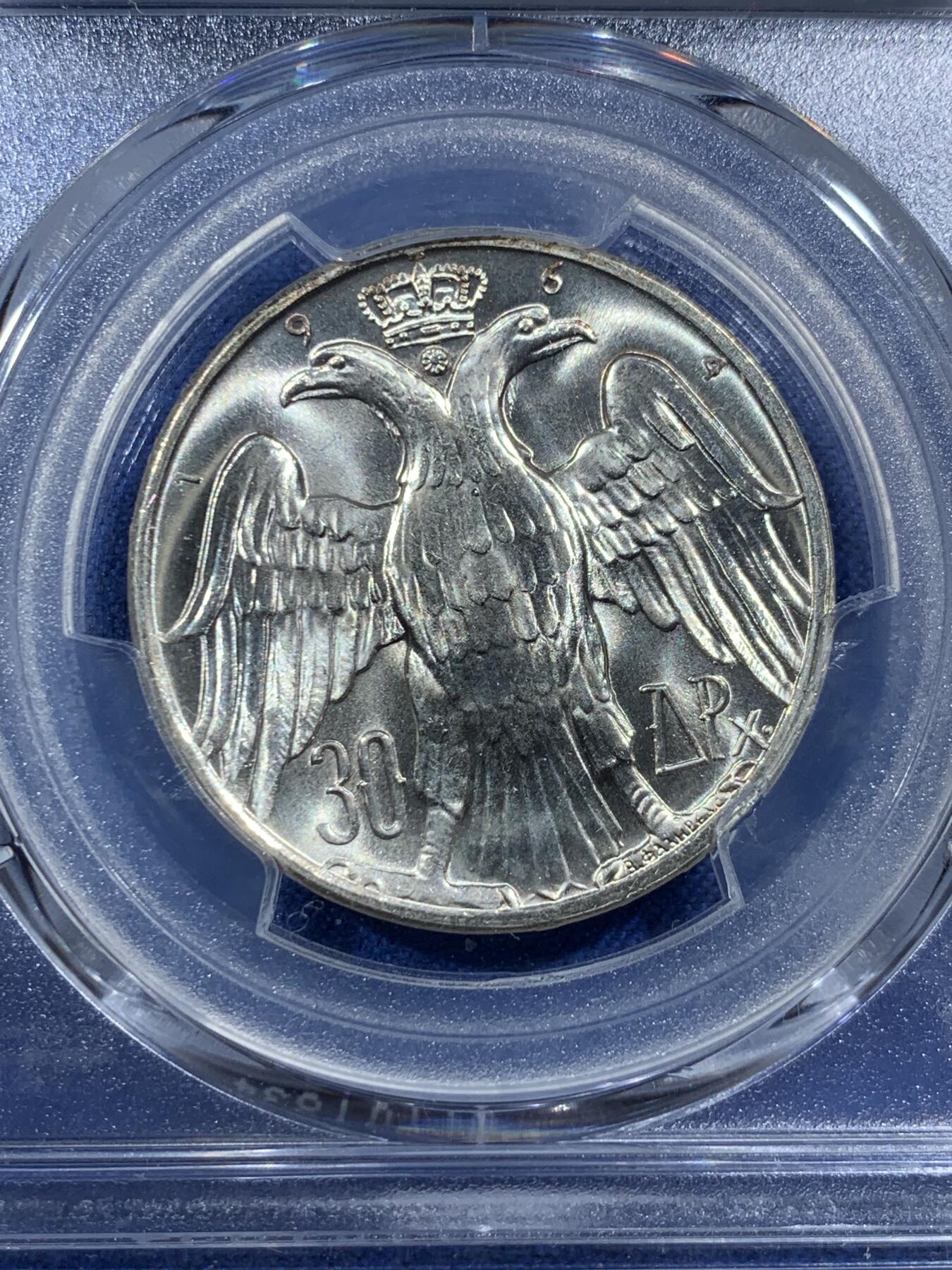 《竞宝斋》第407场 周日，周一，2场连拍 （全场包邮） PCGS MS65 希腊1964年康斯坦丁二世婚礼纪念30德拉克马银币