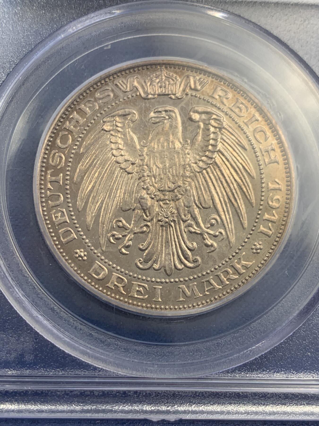 《竞宝斋》第407场 周日，周一，2场连拍 （全场包邮） PCGS PR63CAM 德国1911年A版德国普鲁士布雷斯劳大学精制3马克银币 凌霜镜面十足 老盒