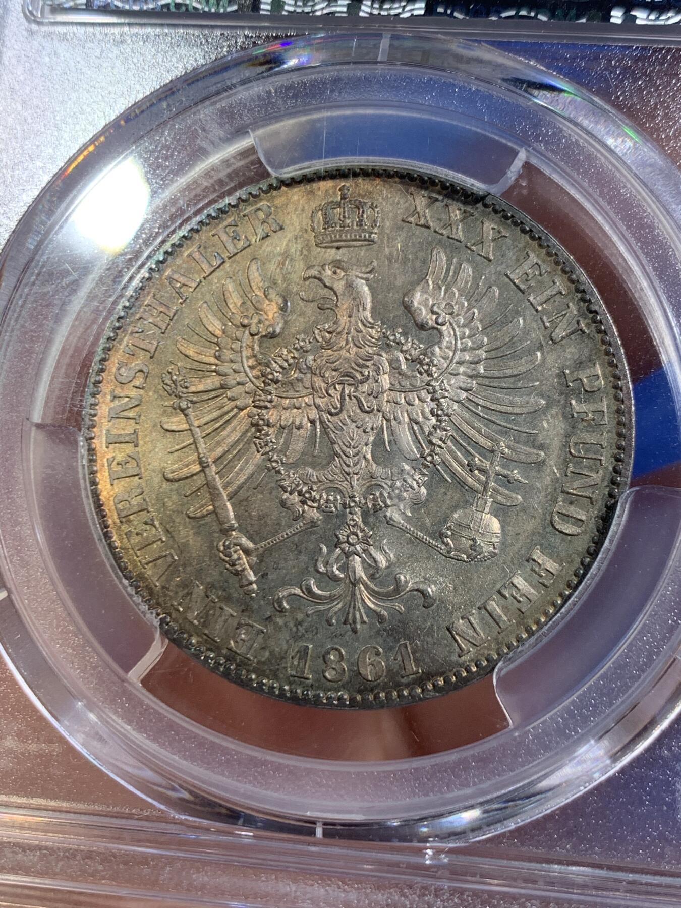 《竞宝斋》第407场 周日，周一，2场连拍 （全场包邮） PCGS MS63 德国 1861年 威廉四世 末年离冠鹰1泰勒 镜面金彩包浆裹身 小特年
