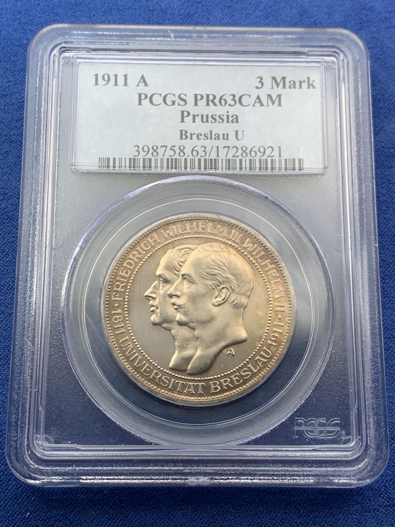 《竞宝斋》第407场 周日，周一，2场连拍 （全场包邮） PCGS PR63CAM 德国1911年A版德国普鲁士布雷斯劳大学精制3马克银币 凌霜镜面十足 老盒