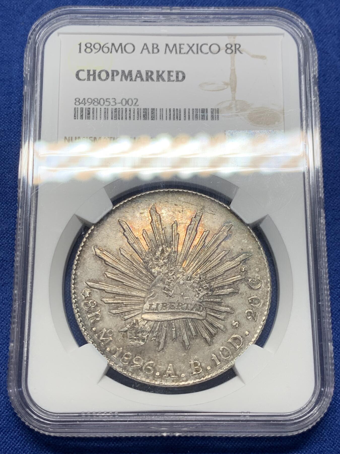 《竞宝斋》第407场 周日，周一，2场连拍 （全场包邮） NGC CHOPMARKED 墨西哥 1896年MO AB 鹰洋大银币 AU的底板广度和细节，戳记非常漂亮