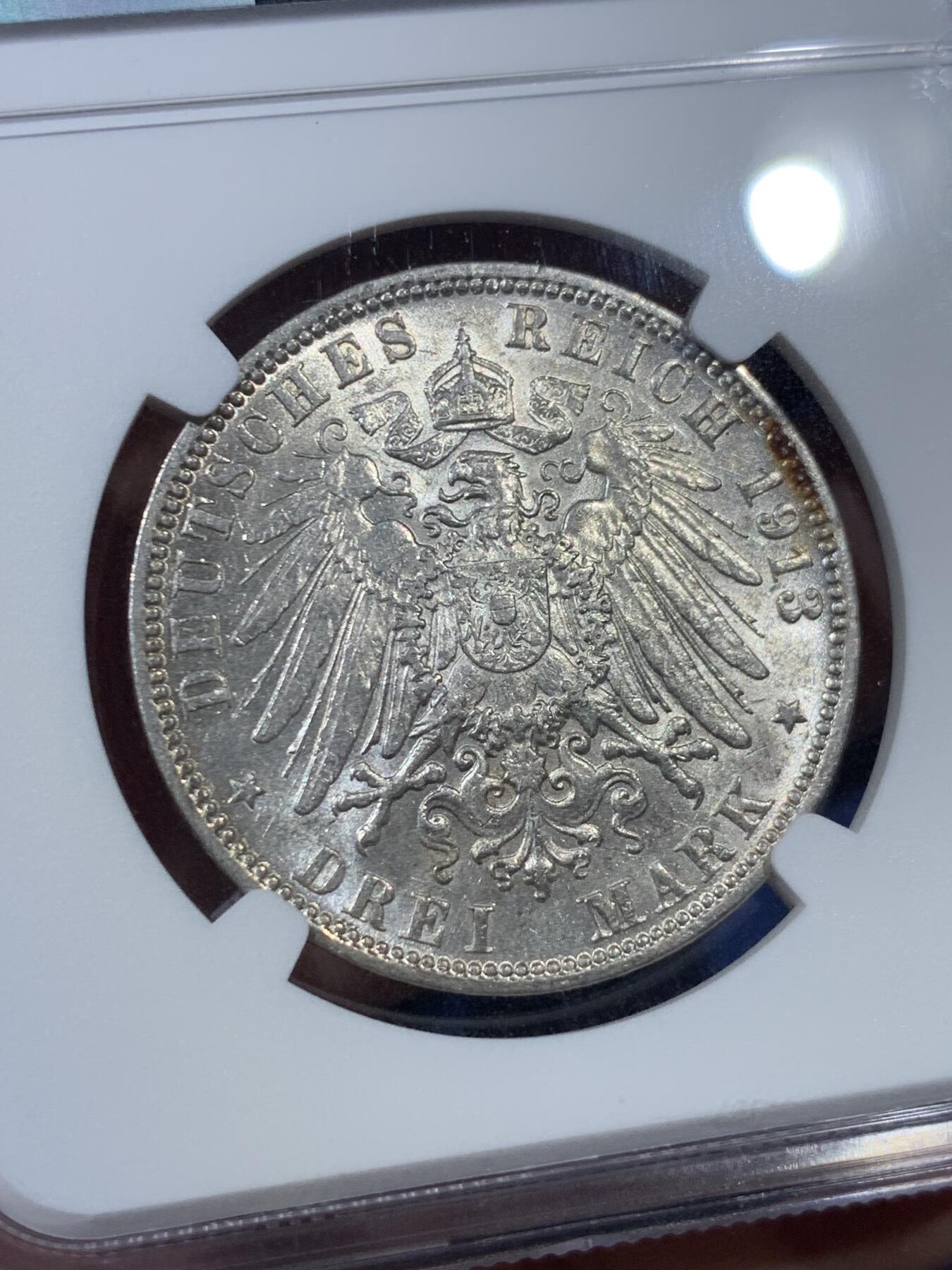 《竞宝斋》第407场 周日，周一，2场连拍 （全场包邮） NGC MS61 德国1913年汉堡自由市3马克银币 状态佳