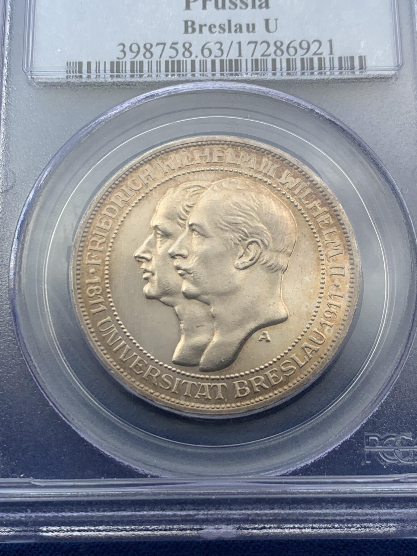 《竞宝斋》第407场 周日，周一，2场连拍 （全场包邮） PCGS PR63CAM 德国1911年A版德国普鲁士布雷斯劳大学精制3马克银币 凌霜镜面十足 老盒