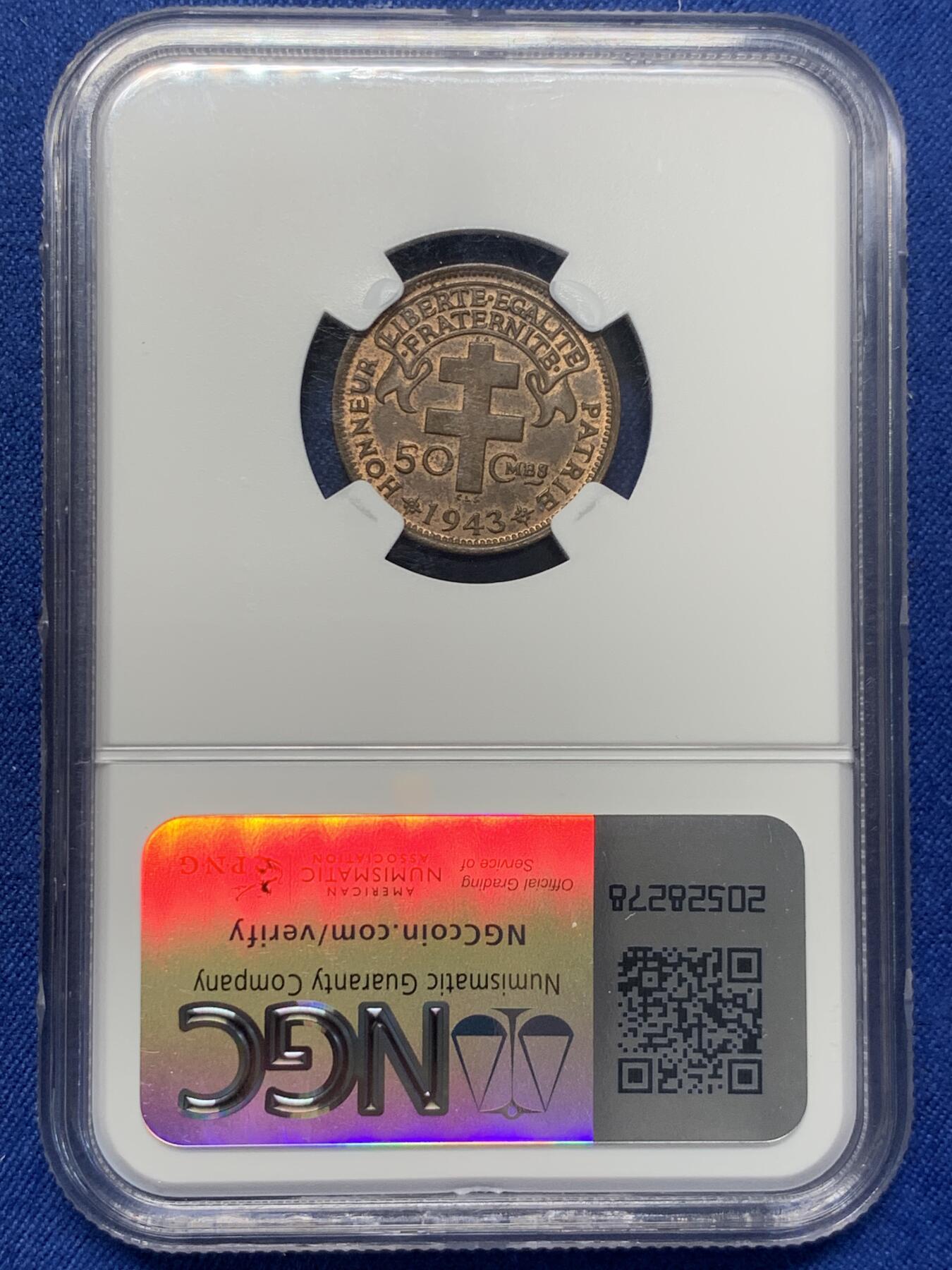 《竞宝斋》第407场 周日，周一，2场连拍 （全场包邮） NGC MS62BN 法属赤道非洲 1943年 50分红铜币