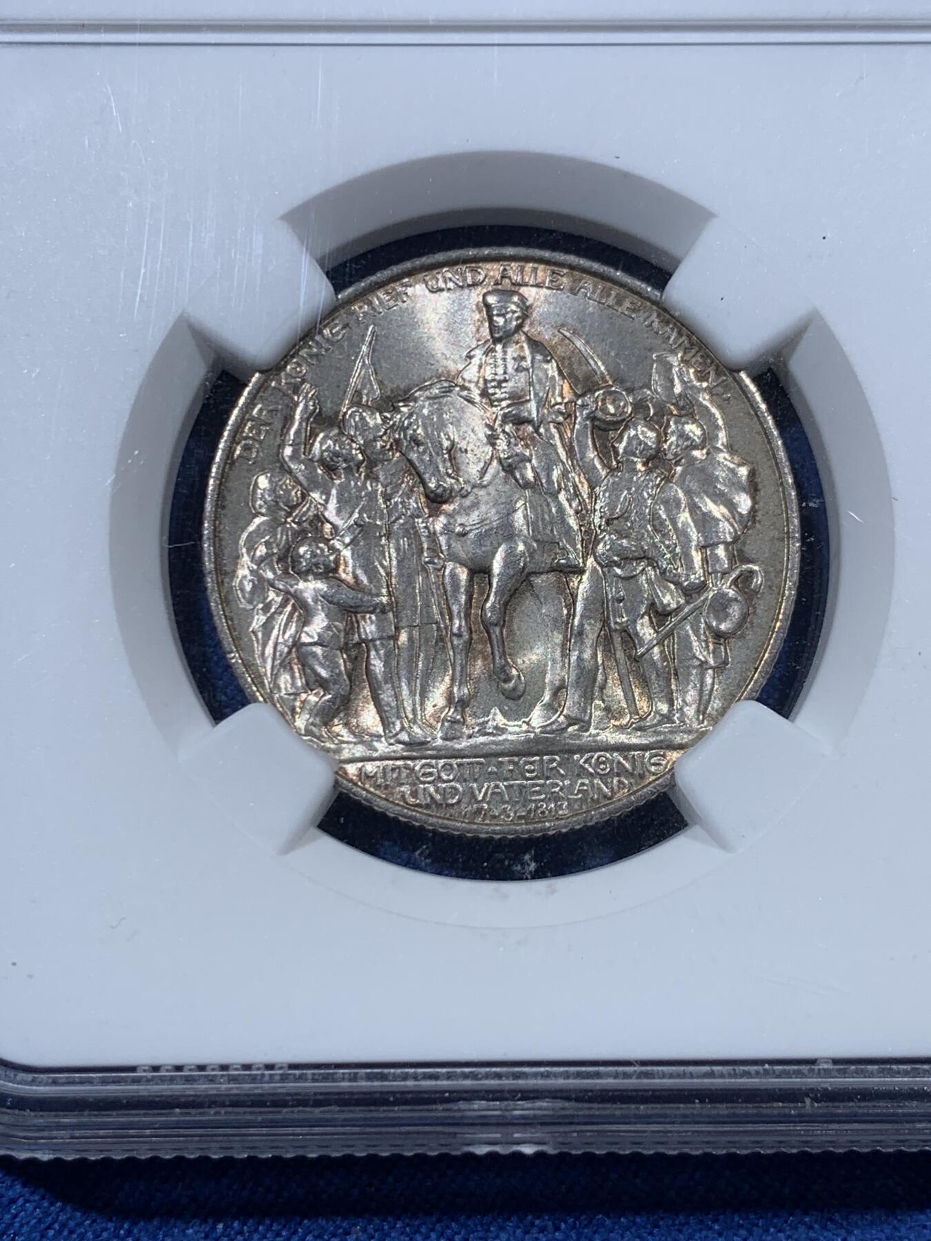 《竞宝斋》第407场 周日，周一，2场连拍 （全场包邮） NGC MS63 德国普鲁士 1913年A 普法战争战胜拿破仑纪念 2马克 银币