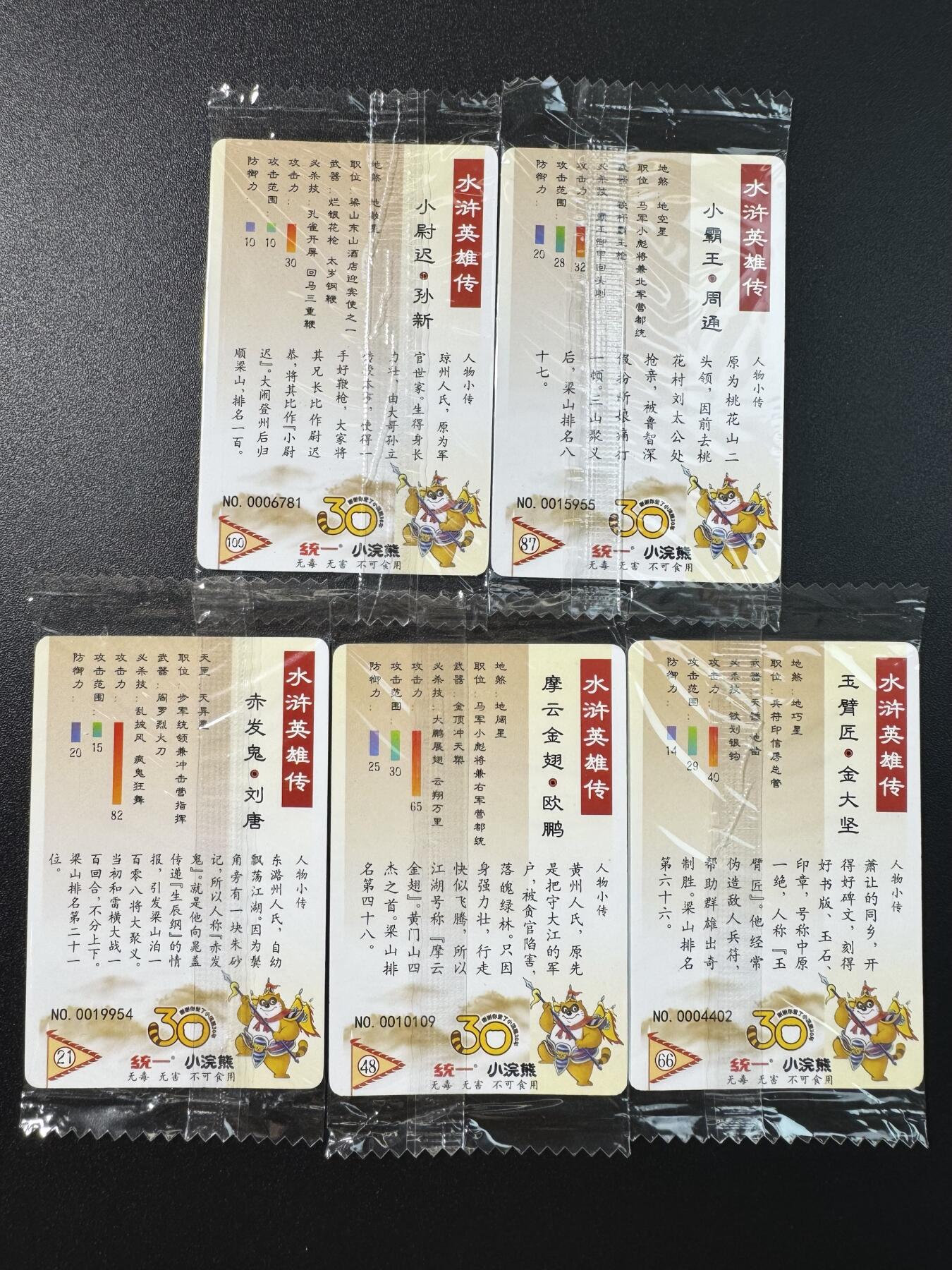 公益拍NO.3期 热点+经典，史上最强！买家0佣金！卖家送拍0抽成！（周六晚8点截拍，量大管饱！）   小浣熊30周年水浒卡 原袋小编号小普卡 共5张