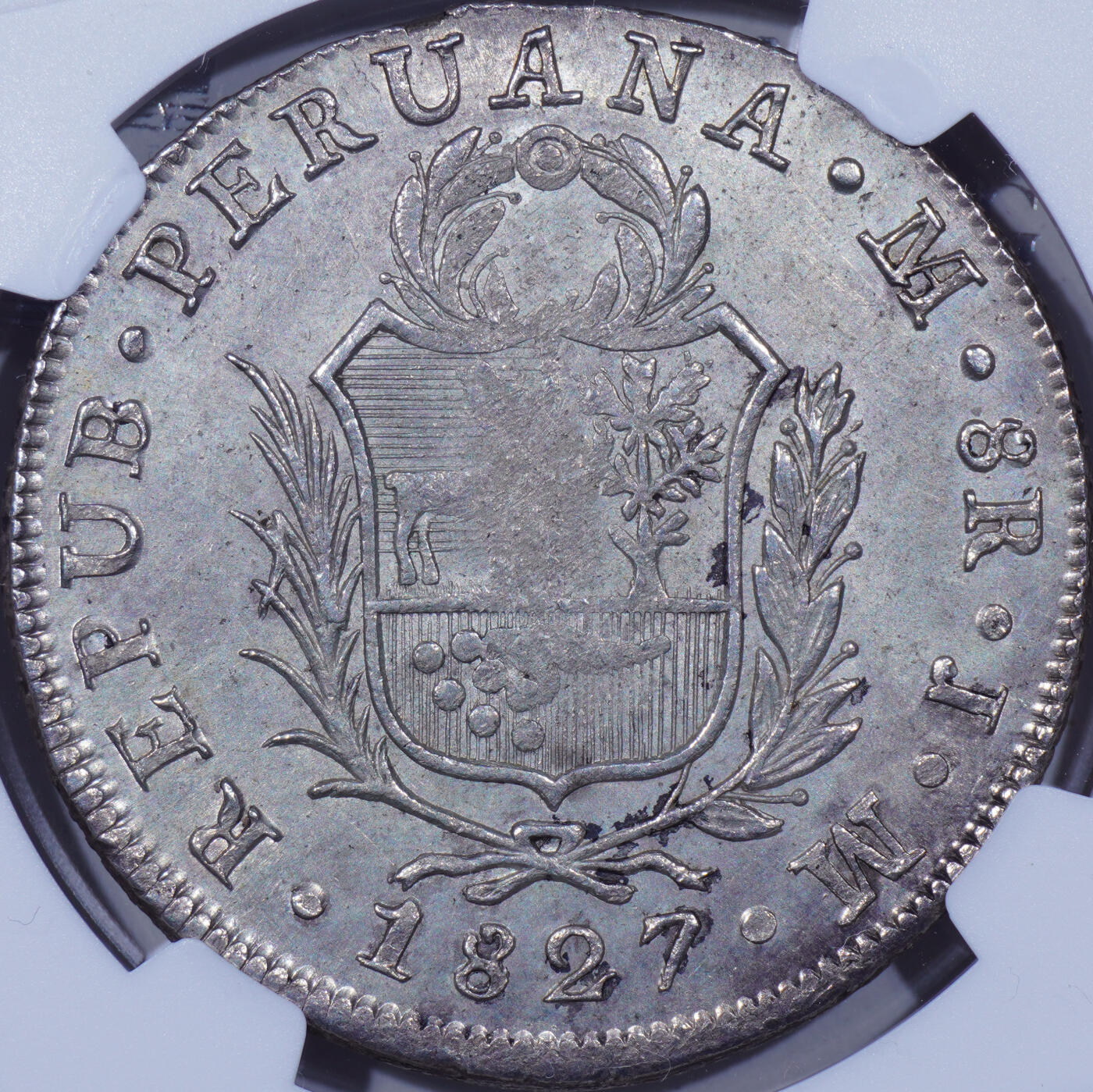 NGC MS61季军1827年秘鲁小头女神版8瑞尔银币