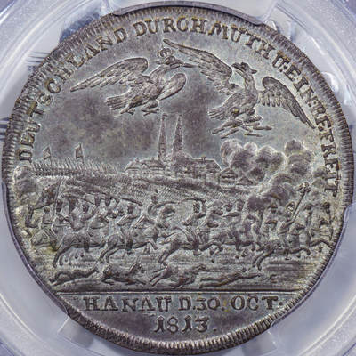 PCGS SP65唯一冠军1813年巴伐利亚王国纽伦堡市反法联盟哈瑙战役胜利镀银纪念章 - PCGS SP65唯一冠军1813年巴伐利亚王国纽伦堡市反法联盟哈瑙战役胜利镀银纪念章