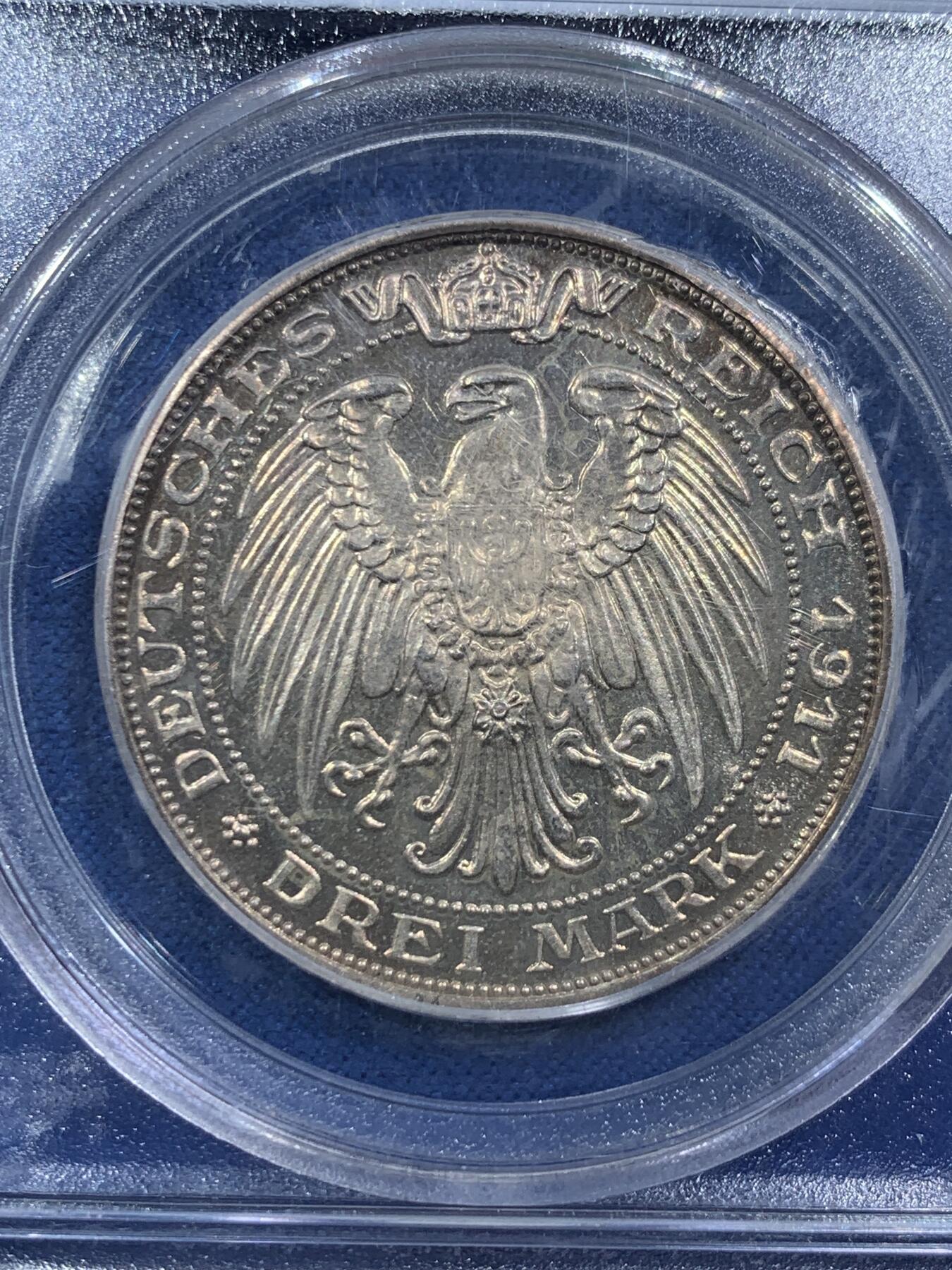 《竞宝斋》第407场 周日，周一，2场连拍 （全场包邮） PCGS PR63CAM 德国1911年A版德国普鲁士布雷斯劳大学精制3马克银币 凌霜镜面十足 老盒