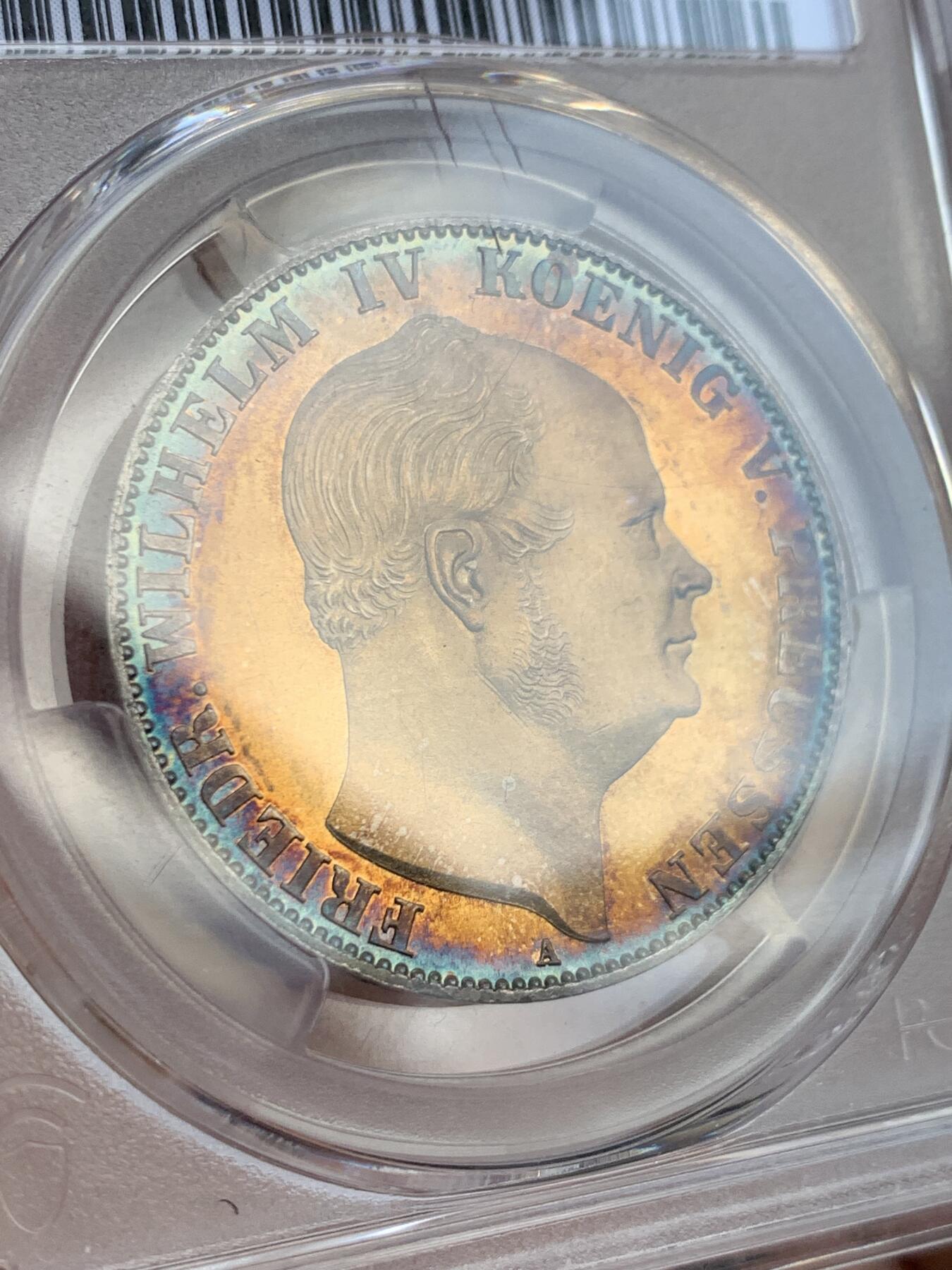 《竞宝斋》第407场 周日，周一，2场连拍 （全场包邮） PCGS MS63 德国 1861年 威廉四世 末年离冠鹰1泰勒 镜面金彩包浆裹身 小特年