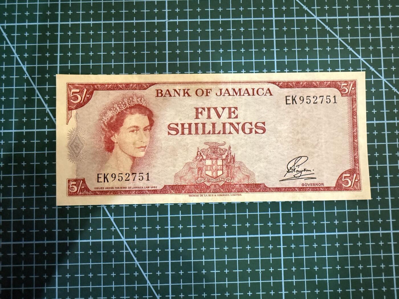 【炜奕收藏】，第四十期 1961年英属牙买加5先令，AU品相，疑似水票，伊丽莎白女王头像