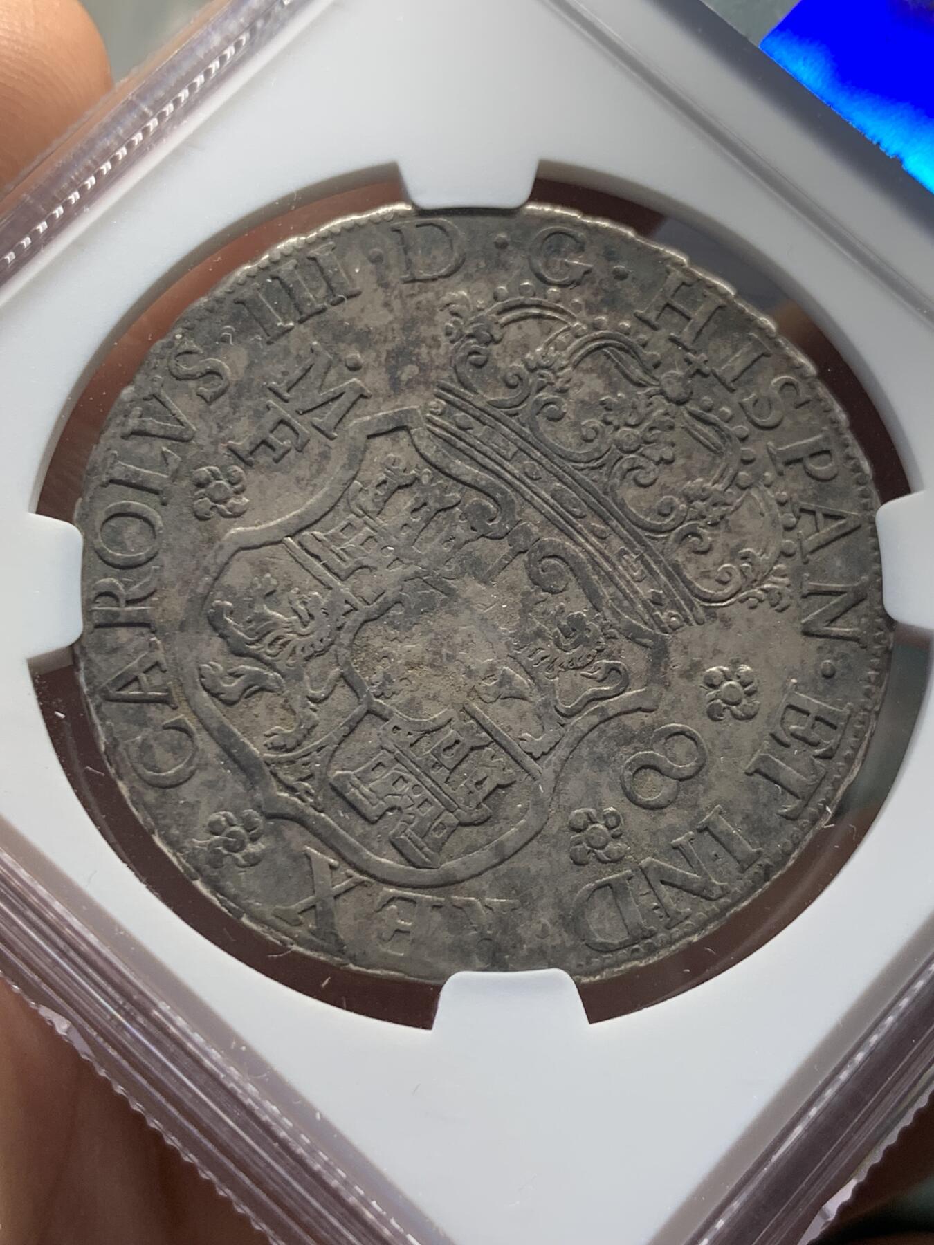 《竞宝斋》第407场 周日，周一，2场连拍 （全场包邮） NGC VF 墨西哥 1767MO MF 地球8R双柱大银币 低评原生态老包浆