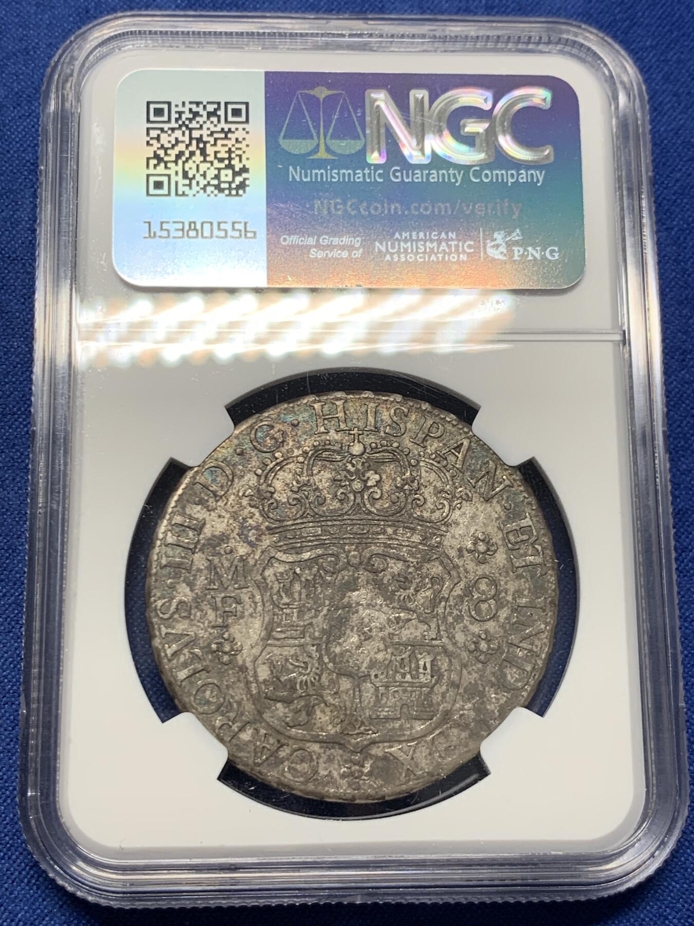 《竞宝斋》第407场 周日，周一，2场连拍 （全场包邮） NGC VF 墨西哥 1767MO MF 地球8R双柱大银币 低评原生态老包浆