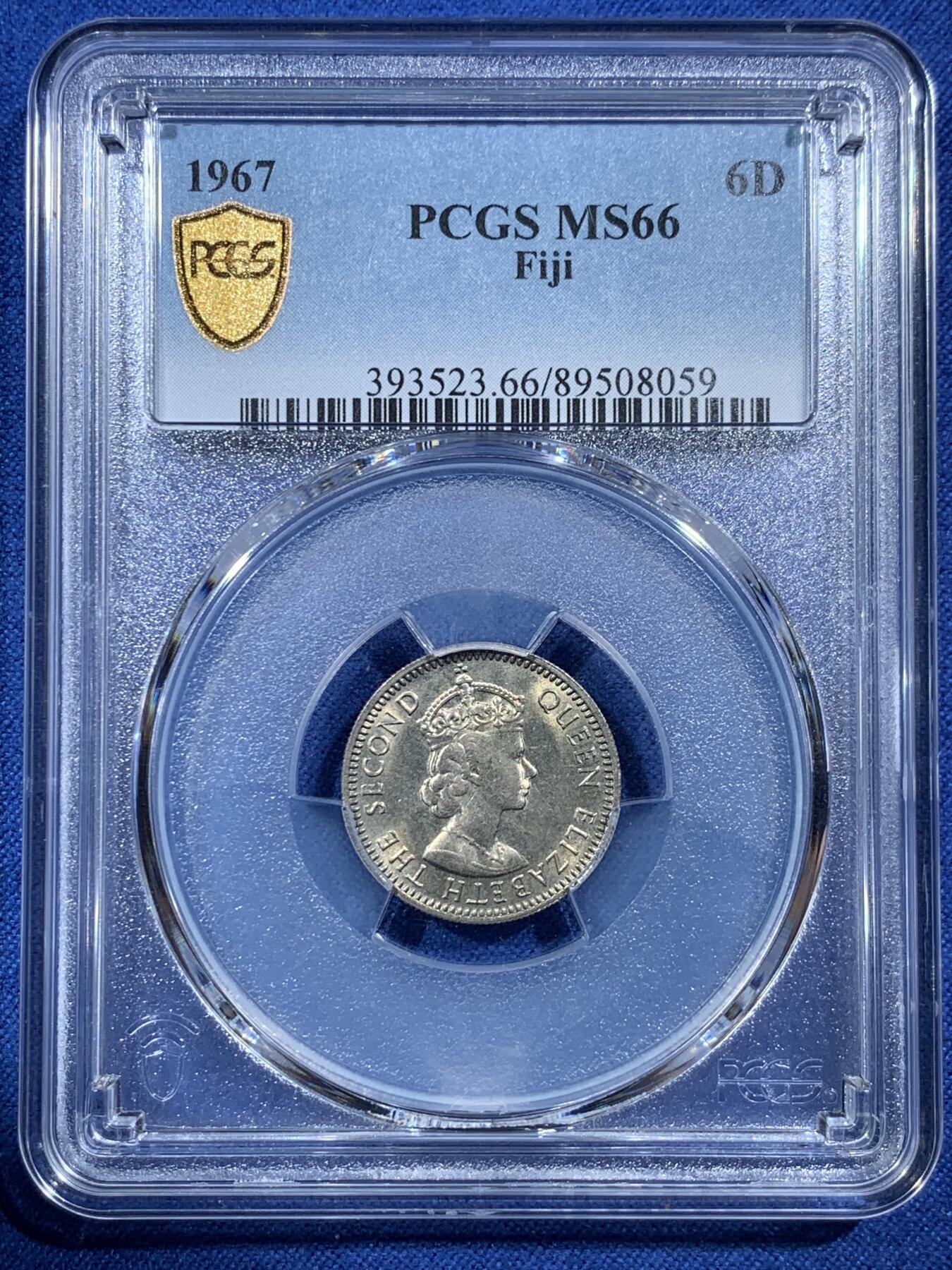 《竞宝斋》第407场 周日，周一，2场连拍 （全场包邮） PCGS MS66 斐济1967年6便士 超高分少见 斐济的币本来就很少见 高分更是困难 发行量仅80万