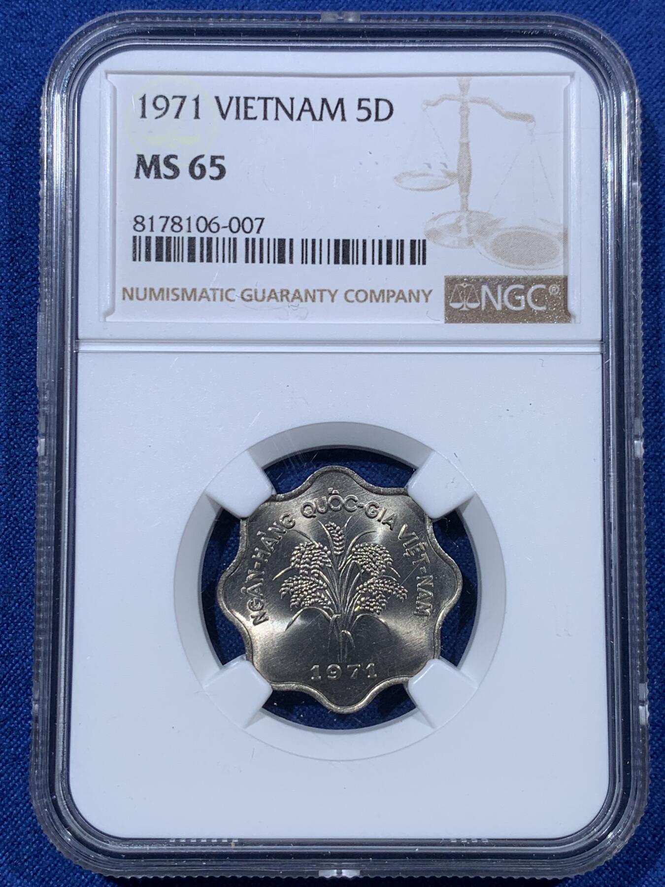 《竞宝斋》第407场 周日，周一，2场连拍 （全场包邮） NGC MS65 南越1971年5D 早期高分 保存不易