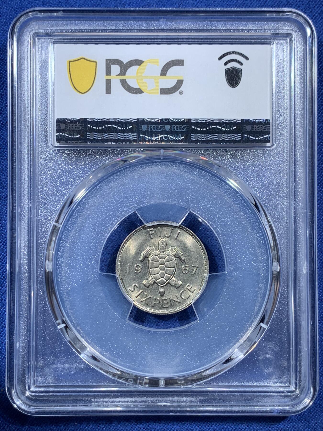《竞宝斋》第407场 周日，周一，2场连拍 （全场包邮） PCGS MS66 斐济1967年6便士 超高分少见 斐济的币本来就很少见 高分更是困难 发行量仅80万