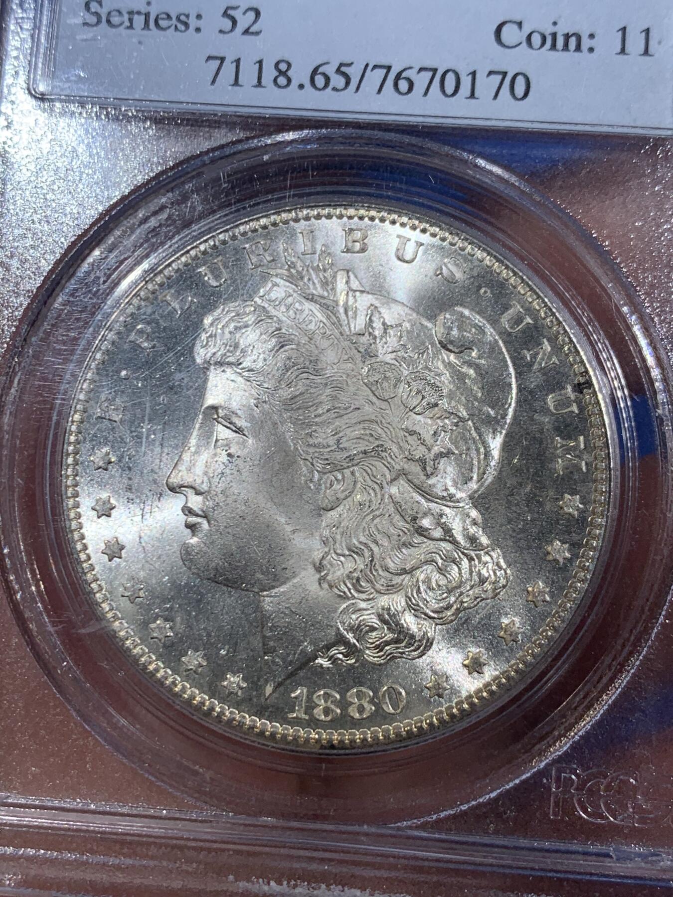 《竞宝斋》第407场 周日，周一，2场连拍 （全场包邮） PCGS MS65 美国1880-S摩根银元 老盒 漂亮