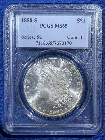 《竞宝斋》第407场 周日，周一，2场连拍 （全场包邮） - PCGS MS65 美国1880-S摩根银元 老盒 漂亮