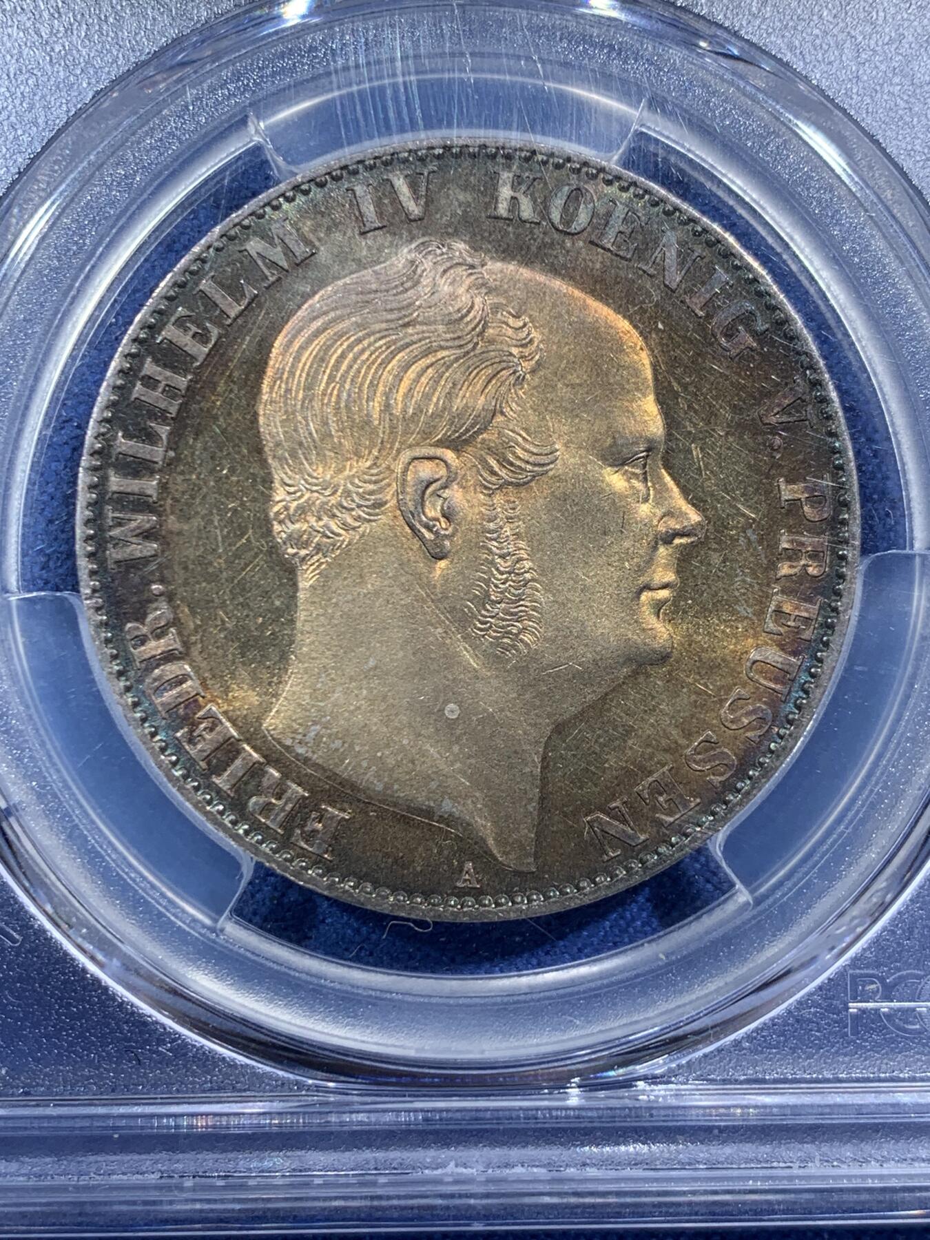 《竞宝斋》第407场 周日，周一，2场连拍 （全场包邮） PCGS MS63 德国 1861年 威廉四世 末年离冠鹰1泰勒 镜面金彩包浆裹身 小特年