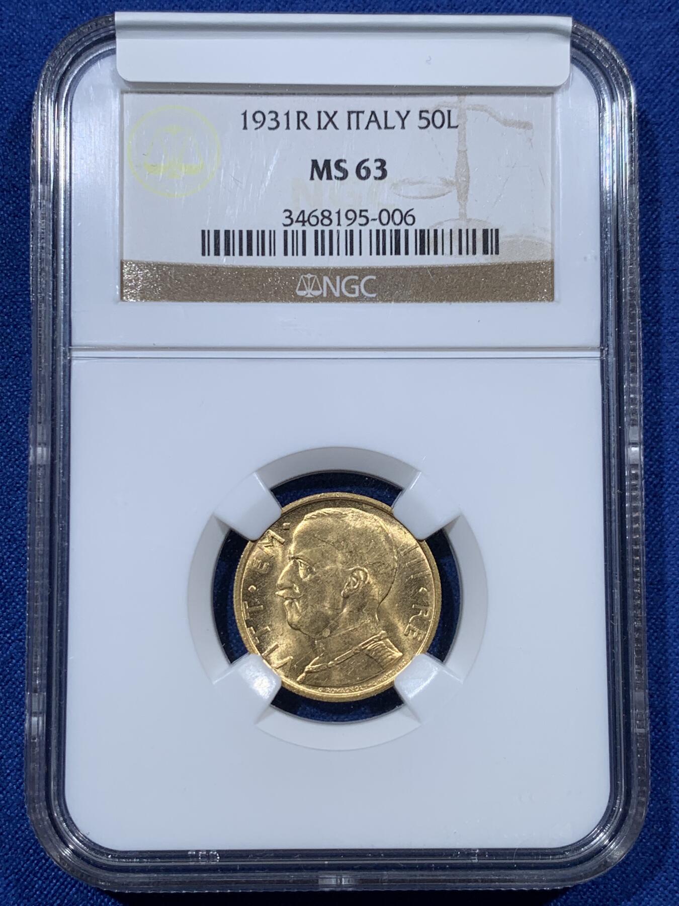 《竞宝斋》第407场 周日，周一，2场连拍 （全场包邮） NGC MS63 意大利1931R埃曼努尔三世法西斯版50里拉金币，持束棒的青年，稀见品种，铸量19760枚，4.4克 900金 金光丝滑，老盒严评。克书UNC目录价已达620美金，BU目录无定价。63分稀奇平台首见，不容错过