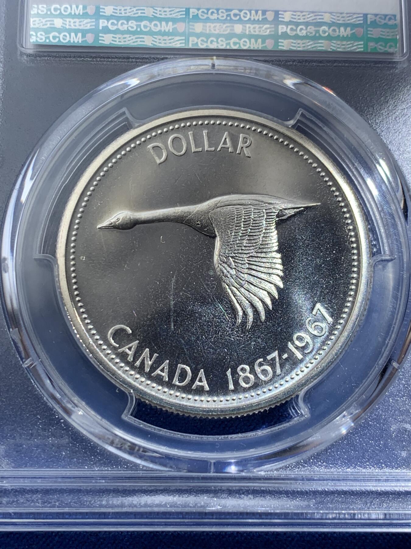 《竞宝斋》第407场 周日，周一，2场连拍 （全场包邮） PCGS PL66 加拿大1967年大雁1元 银币，币面干净漂亮 热门品种！