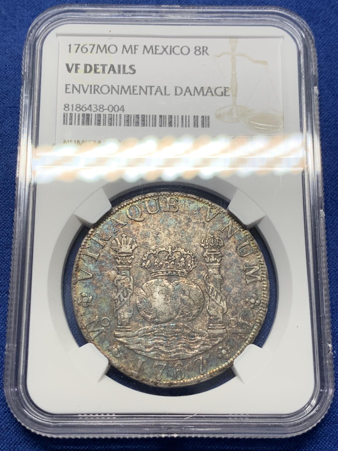 《竞宝斋》第407场 周日，周一，2场连拍 （全场包邮） NGC VF 墨西哥 1767MO MF 地球8R双柱大银币 低评原生态老包浆