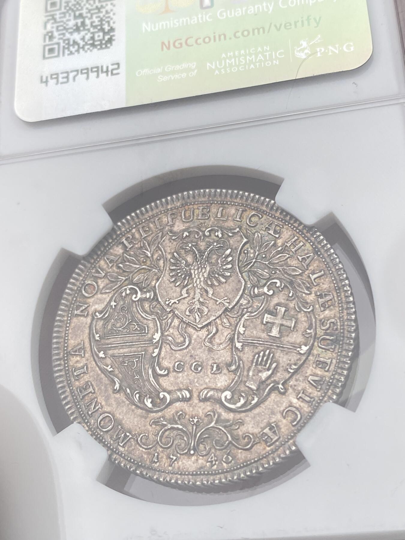 万国钱币拍卖第050期（万国五十期纪念大拍） NGC MS62 1746年神圣罗马帝国弗朗西斯哈尔自由市1/2泰勒 发行量仅仅800枚 浮雕感跃然币面 光线下显现出的醇厚欧陆包浆令人着迷