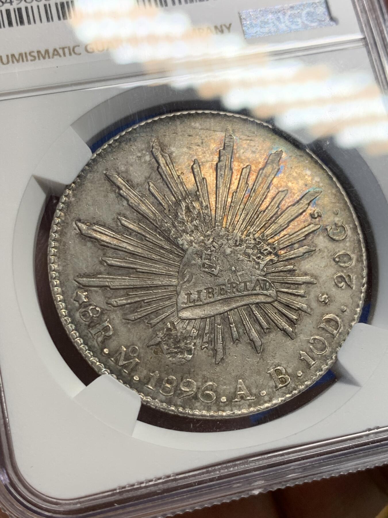 《竞宝斋》第407场 周日，周一，2场连拍 （全场包邮） NGC CHOPMARKED 墨西哥 1896年MO AB 鹰洋大银币 AU的底板广度和细节，戳记非常漂亮