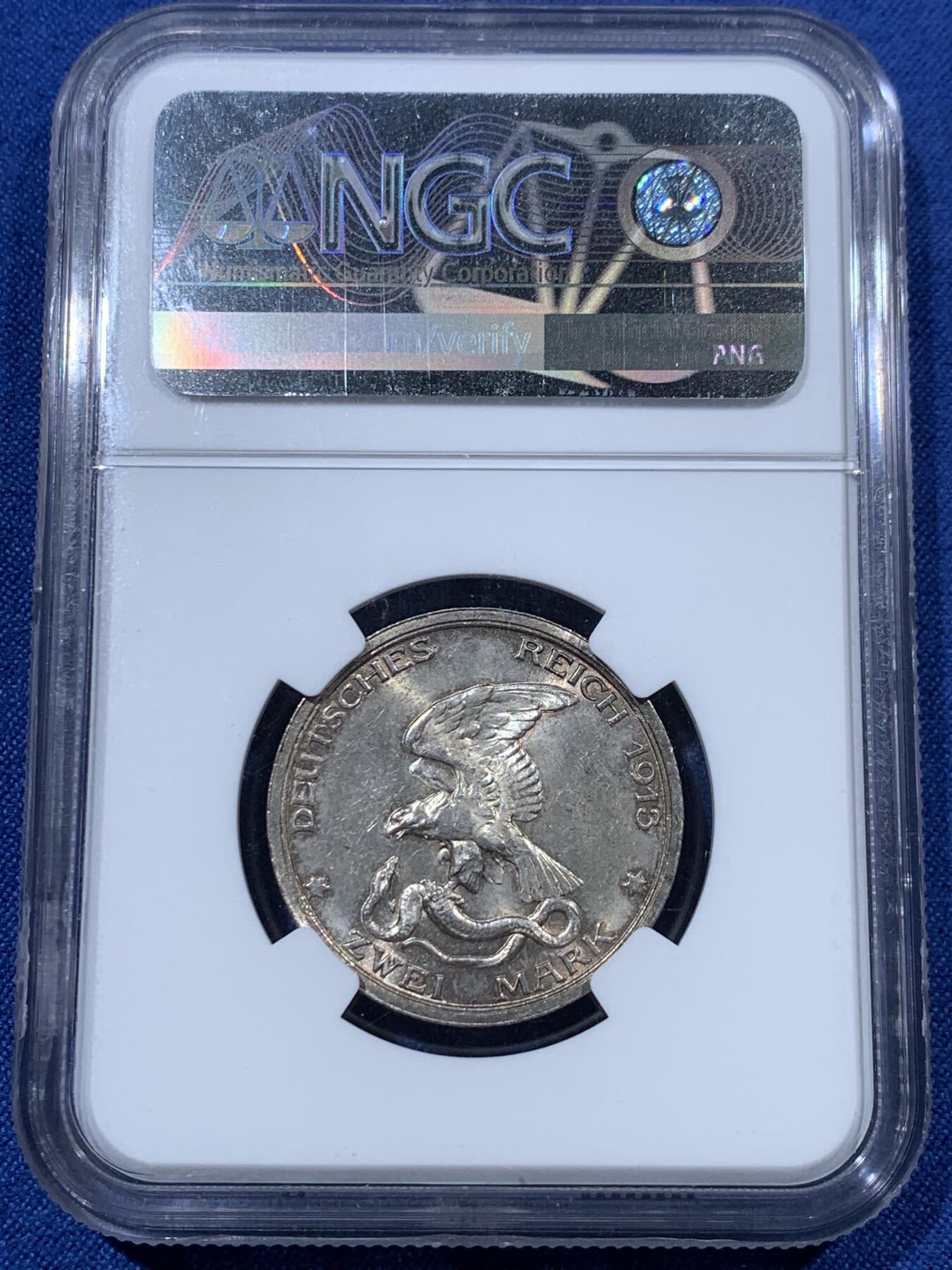《竞宝斋》第407场 周日，周一，2场连拍 （全场包邮） NGC MS63 德国普鲁士 1913年A 普法战争战胜拿破仑纪念 2马克 银币