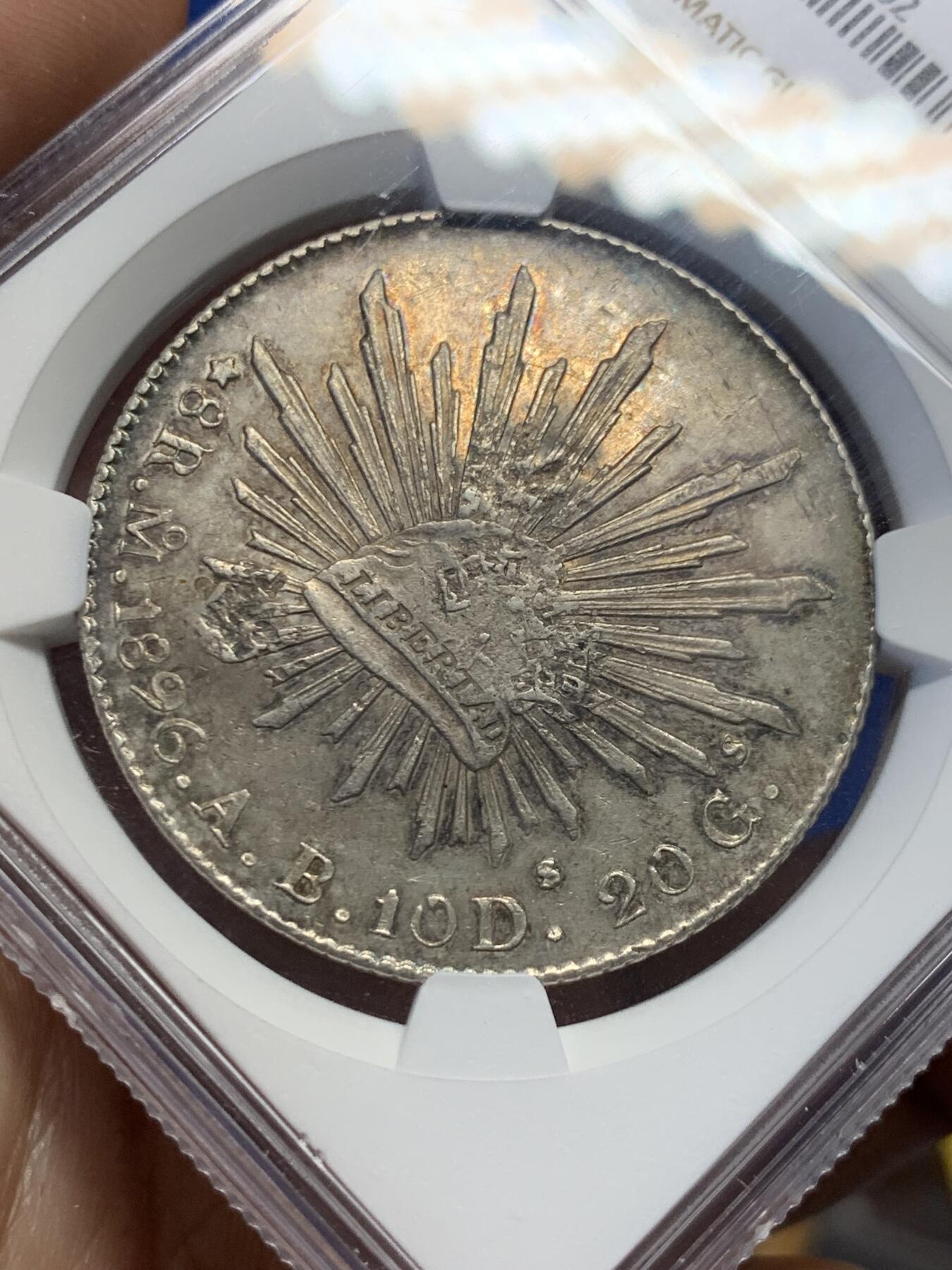 《竞宝斋》第407场 周日，周一，2场连拍 （全场包邮） NGC CHOPMARKED 墨西哥 1896年MO AB 鹰洋大银币 AU的底板广度和细节，戳记非常漂亮