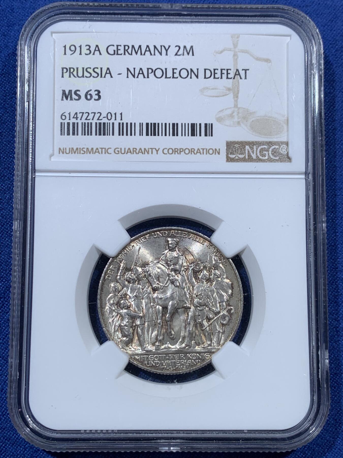 《竞宝斋》第407场 周日，周一，2场连拍 （全场包邮） NGC MS63 德国普鲁士 1913年A 普法战争战胜拿破仑纪念 2马克 银币