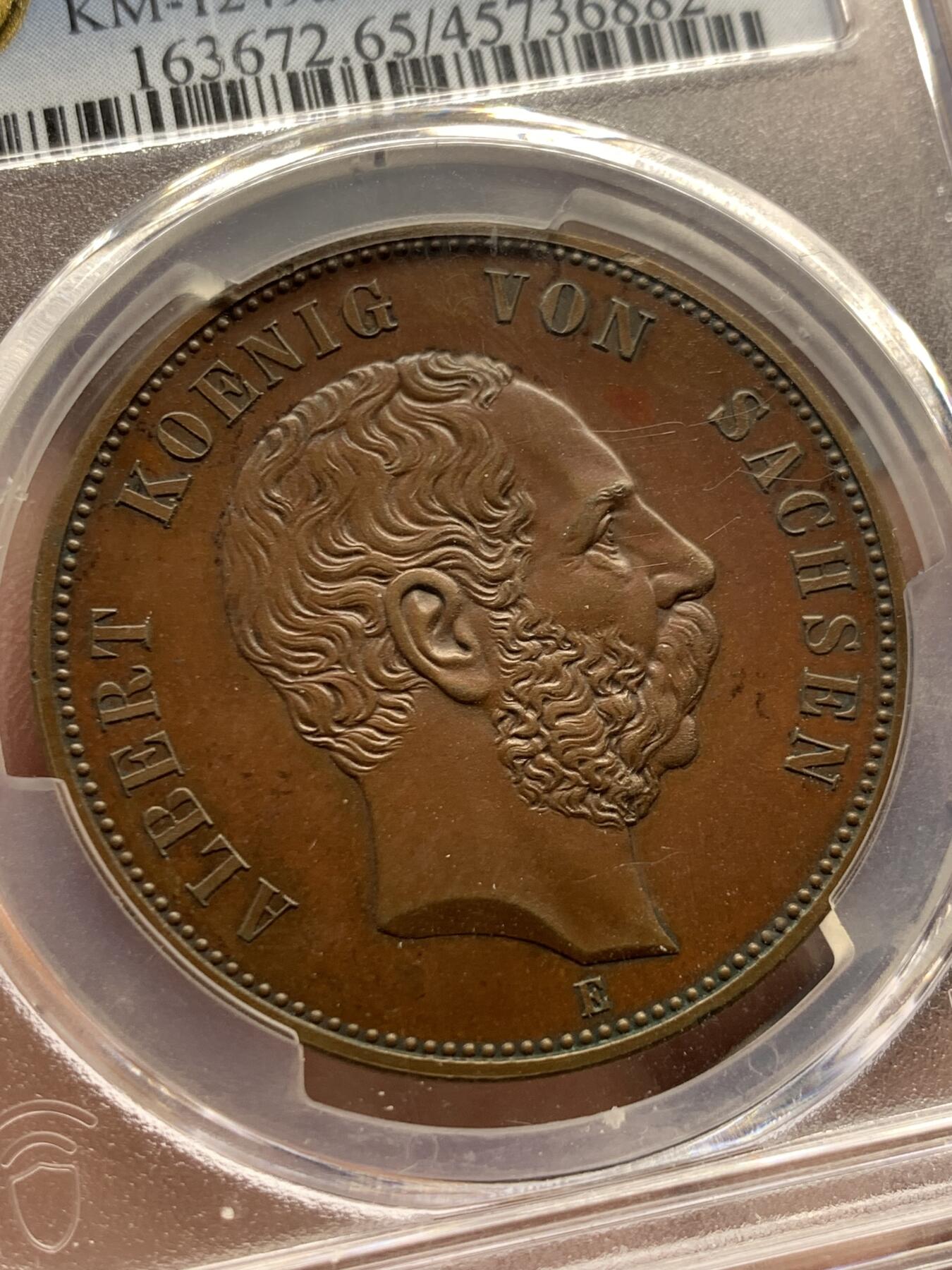 《竞宝斋》第407场 周日，周一，2场连拍 （全场包邮） 亚军分 PCGS SP65BN 德国萨克森1889年 韦廷王朝800周年5马克铜样币 高等级状态 巧克力包浆 值得入手
