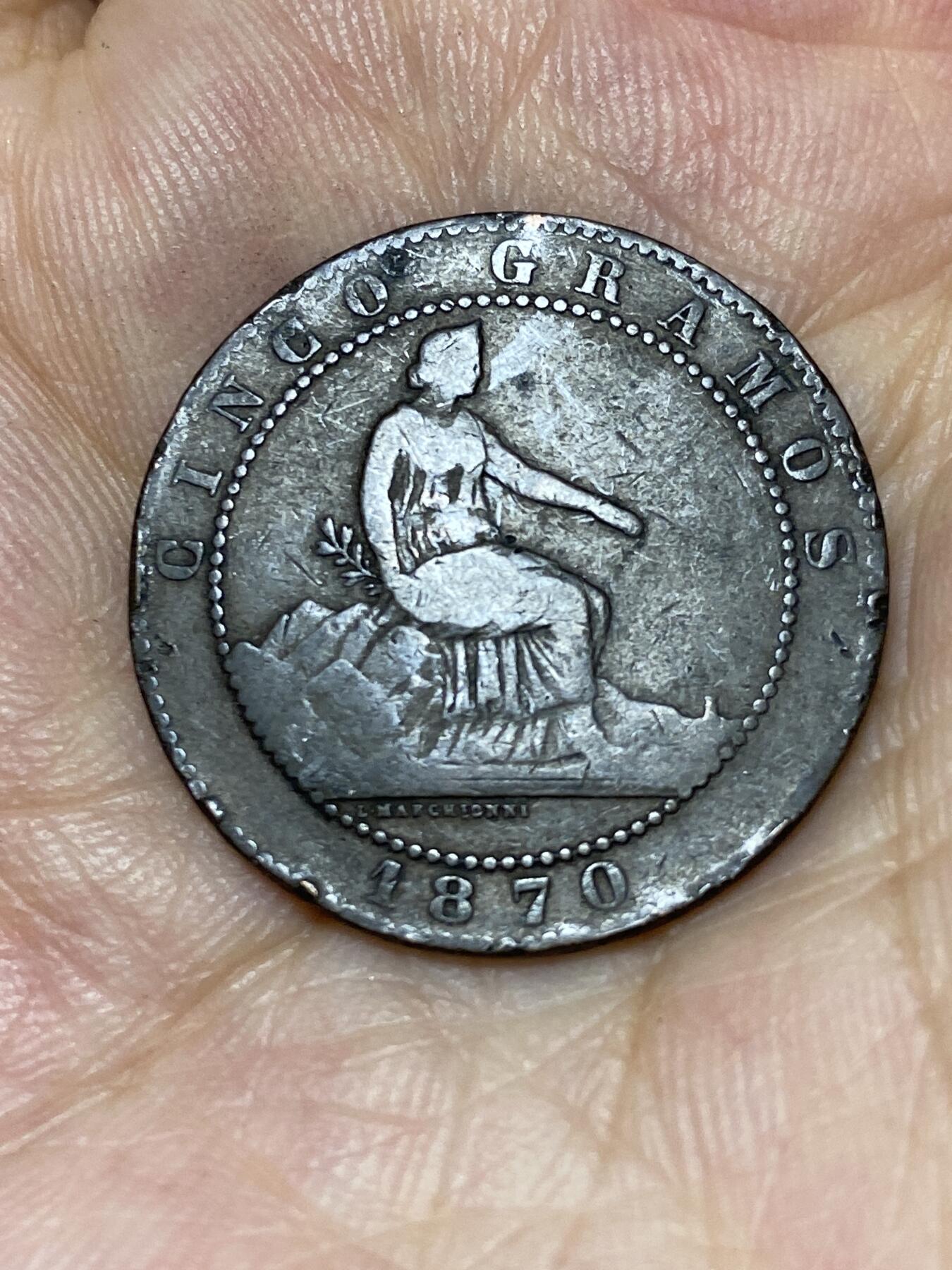 2025年第七十六场(总第一百零二场）外国好品散币(免佣金) 西班牙1870单年份5分(临时政府时期，八角星、OM标:Oeschger, Mesdach & Co公司，巴塞罗那厂造)