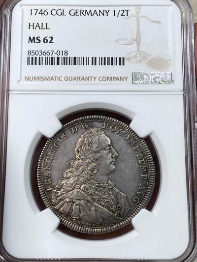 万国钱币拍卖第050期（万国五十期纪念大拍） - NGC MS62 1746年神圣罗马帝国弗朗西斯哈尔自由市1/2泰勒 发行量仅仅800枚 浮雕感跃然币面 光线下显现出的醇厚欧陆包浆令人着迷