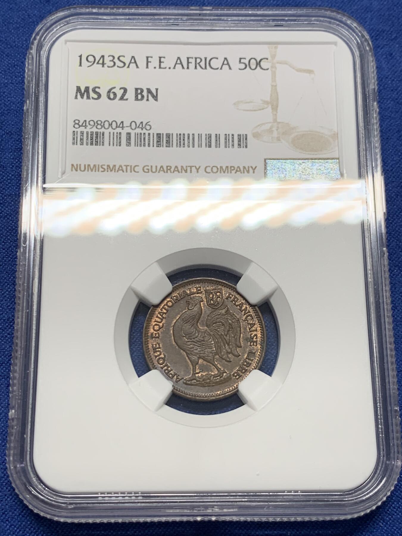 《竞宝斋》第407场 周日，周一，2场连拍 （全场包邮） NGC MS62BN 法属赤道非洲 1943年 50分红铜币